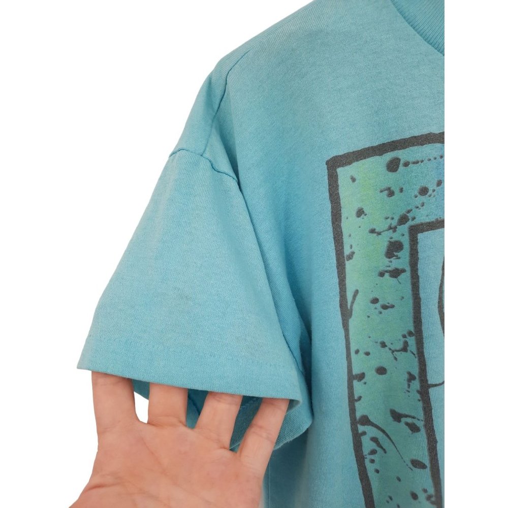 VTG 80s Just On Blue Neon Beach Graphic Crop Tee Half Shirt Shell Sailboat M - Picture 2 of 6